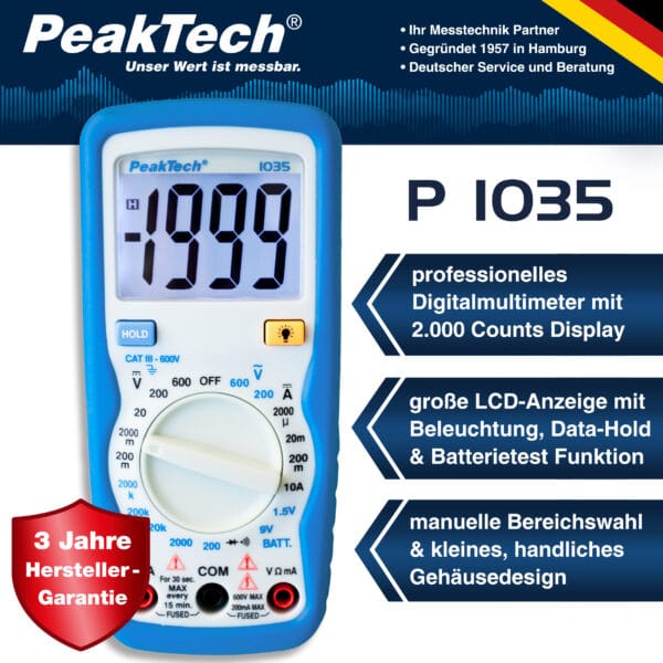 PeakTech® P 1035 600V AC / DC digital multimeter ~ 2000 digit LCD - Image 2