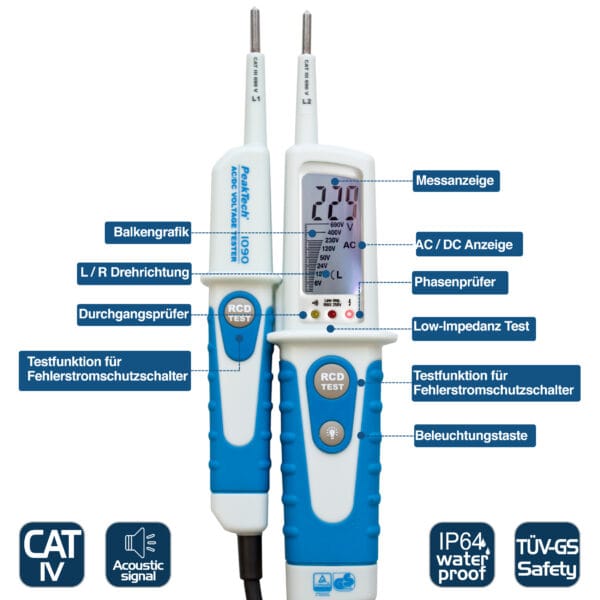 PeakTech® P 1090 AC/DC Voltage Tester with RCD-Test and LCD-display - Image 3