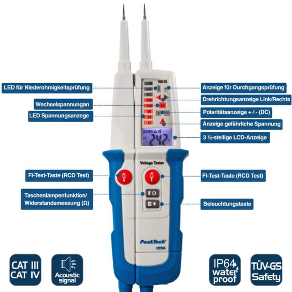 PeakTech® P 1096 AC/DC voltage tester with RCD-test & dual display - Image 3
