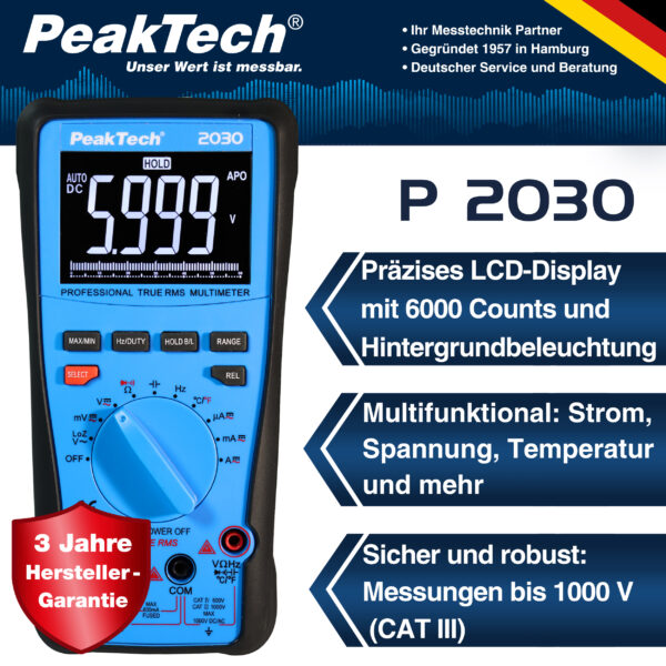 PeakTech® P 2030 True RMS 1000V Digital Multimeter 6000 Counts - Image 3