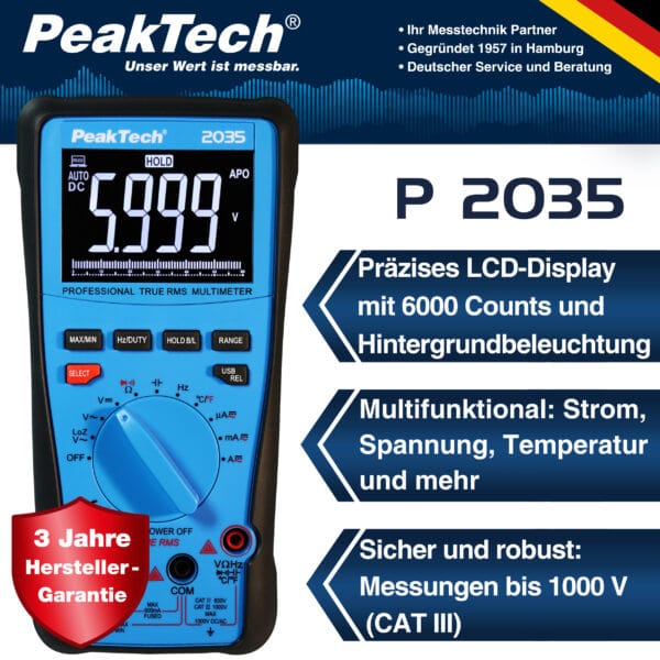 PeakTech® P 2035 True RMS 1000V Digital Multimeter 6000 Counts, USB - Image 3