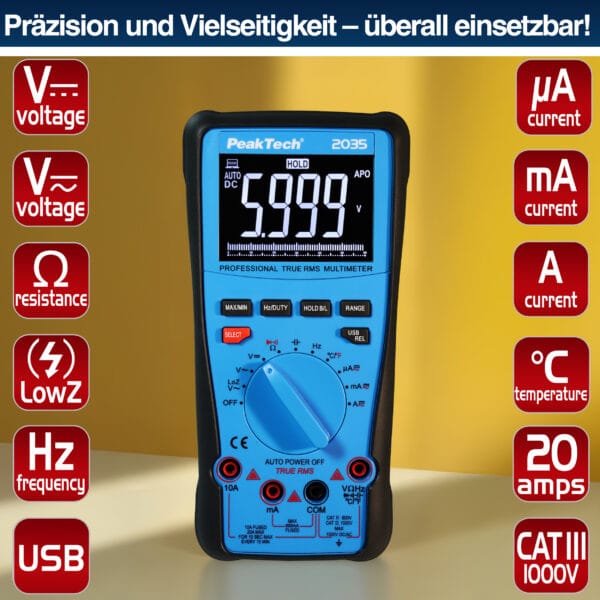 PeakTech® P 2035 True RMS 1000V Digital Multimeter 6000 Counts, USB - Image 4