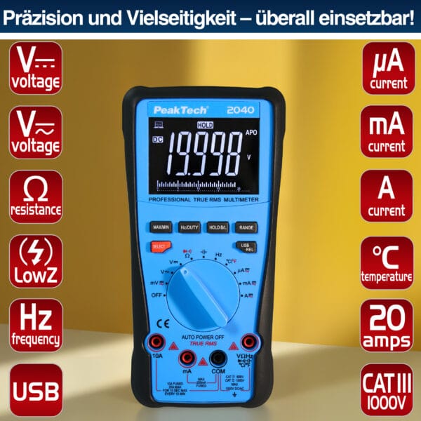 PeakTech® P 2040 True RMS 1000V Digitalmultimeter 20000 Counts, USB - Image 4