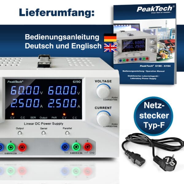 PeakTech® P 6190 Lab power supply 2x 0-60 V / 0-2,5 A DC & USB - Image 7