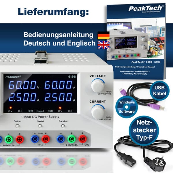 PeakTech® P 6192 Lab. power supply 2x 0-60 V / 0-2,5 A DC & USB - Image 7