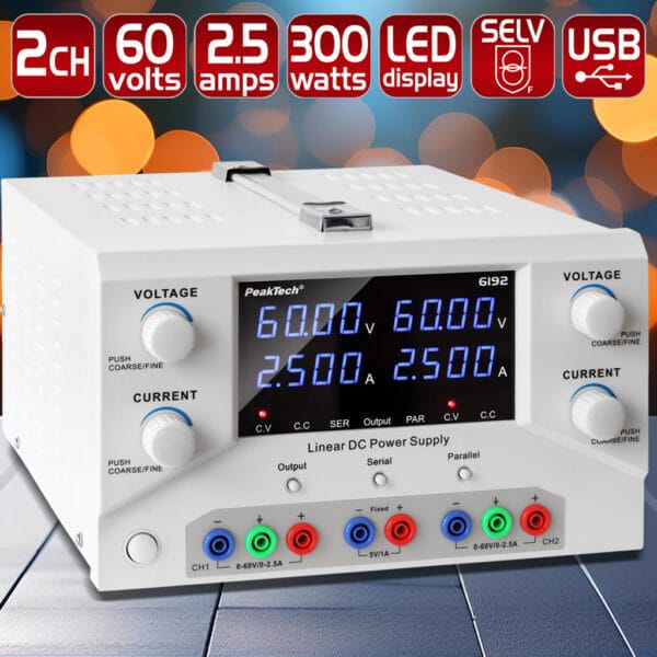 PeakTech® P 6192 Lab. power supply 2x 0-60 V / 0-2,5 A DC & USB - Image 4